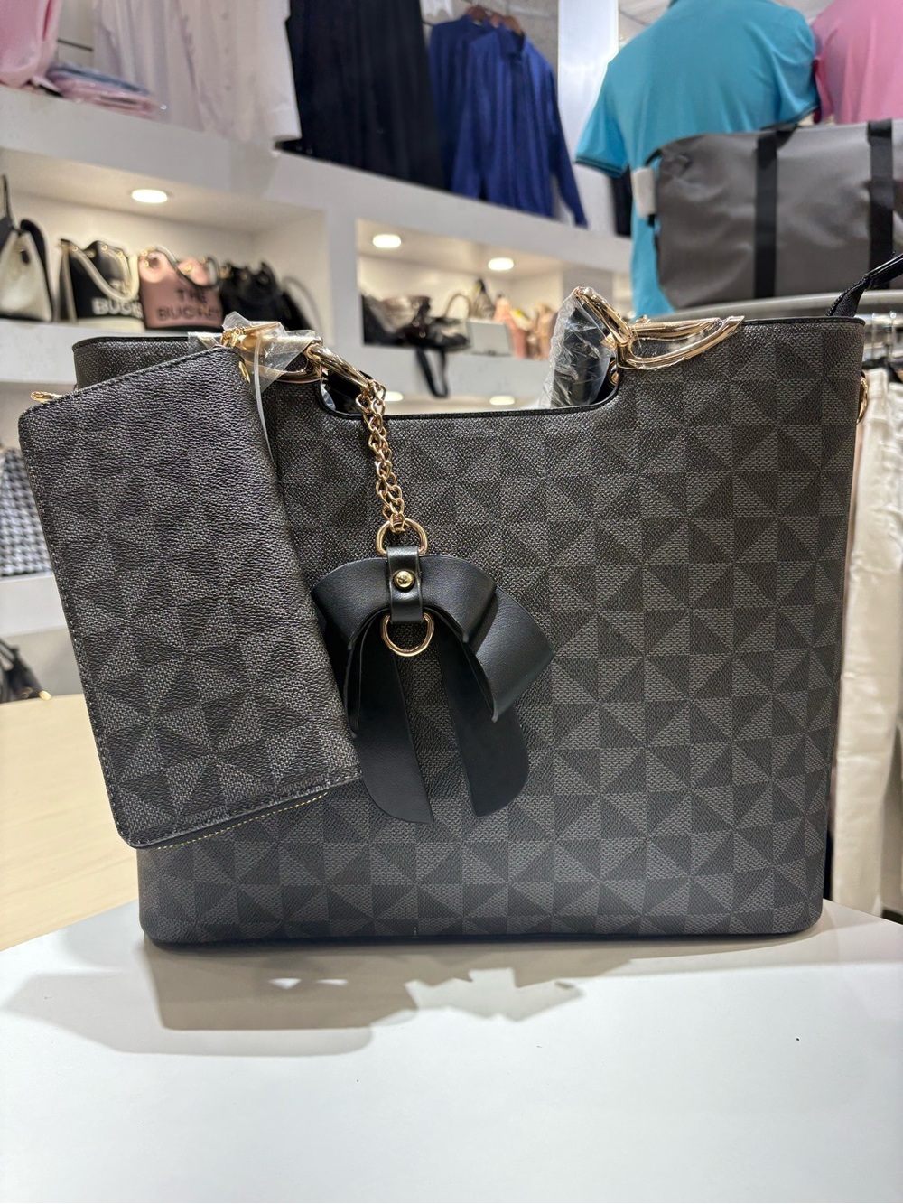 Structured Grey Tote Bag with Charm and Wallet